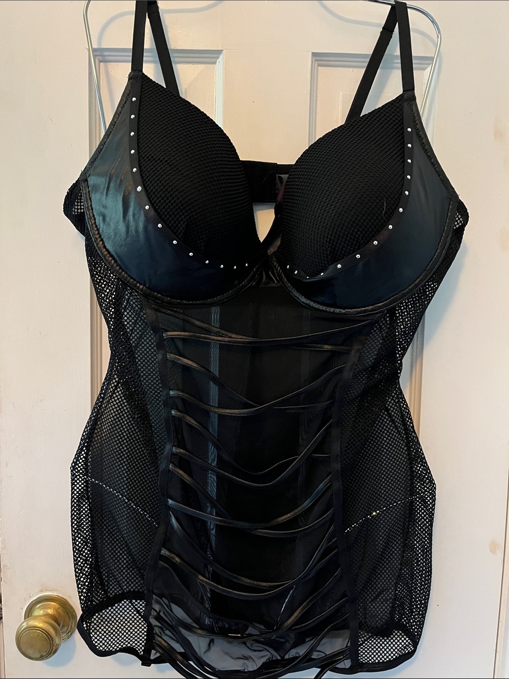 Dreamgirl Black Strappy Mesh Bustier Chemise with Stud Accents